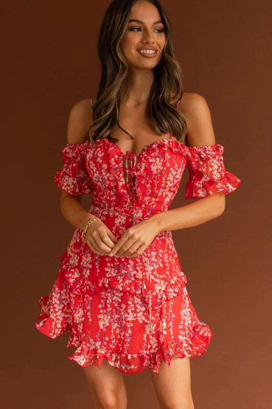 Maranda Bardot Lace-Up Bust Dress Dainty Floral Red