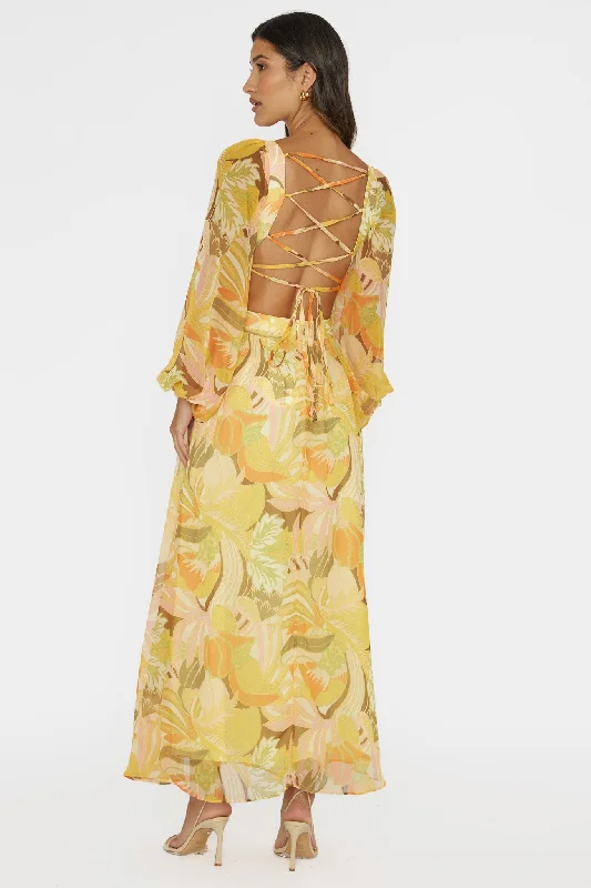 Maura Long Sleeve Lace-Up Back Dress Floral Yellow