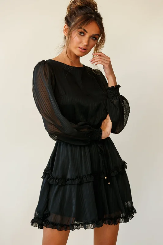 Mildred Long Sleeve Shirred Waist Frill Dress Black