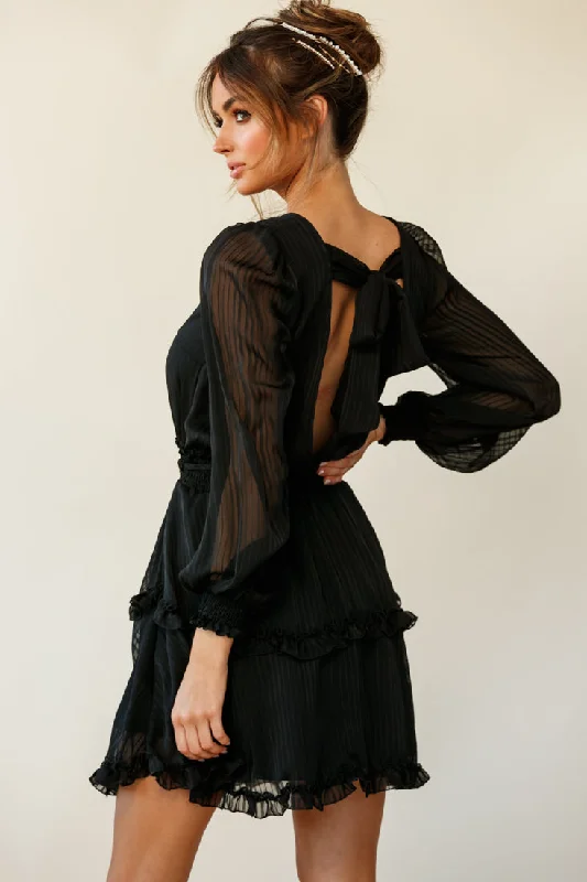 Mildred Long Sleeve Shirred Waist Frill Dress Black