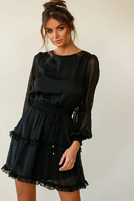 Mildred Long Sleeve Shirred Waist Frill Dress Black