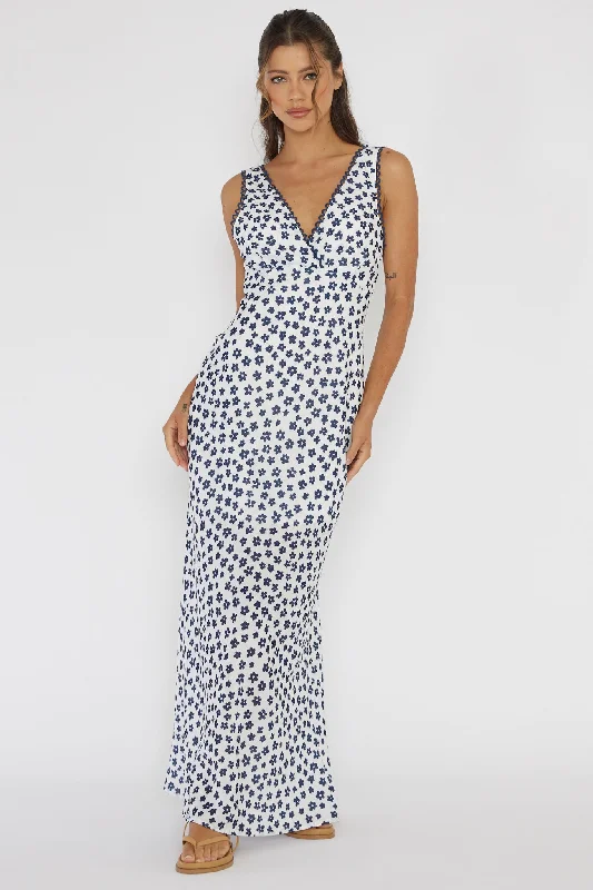 Miss Divine V-Neck Maxi Dress Flower Blue