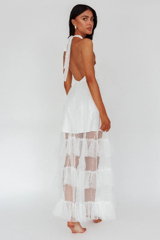 Moonlight Sonata Ruffle Mesh Maxi Dress Hail Spot White