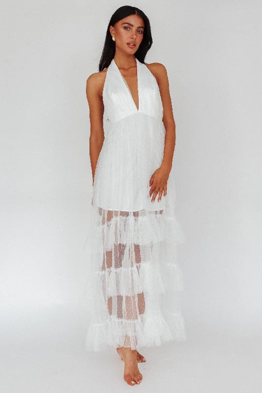 Moonlight Sonata Ruffle Mesh Maxi Dress Hail Spot White