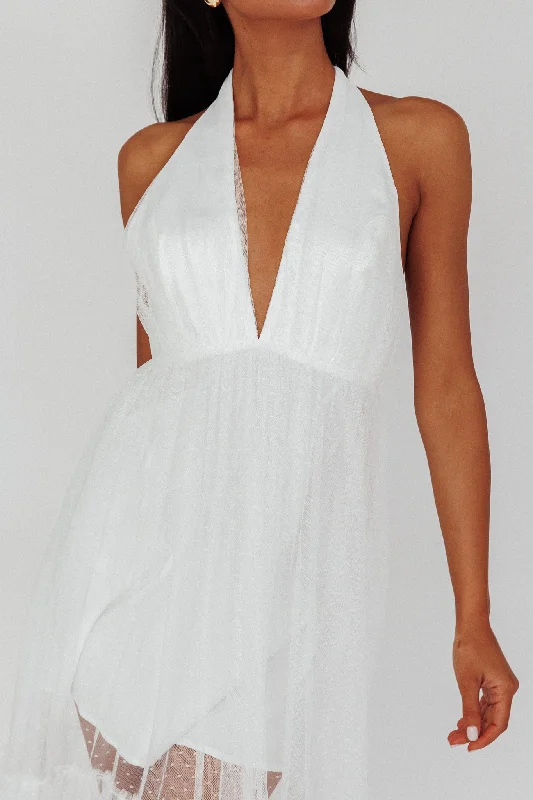 Moonlight Sonata Ruffle Mesh Maxi Dress Hail Spot White