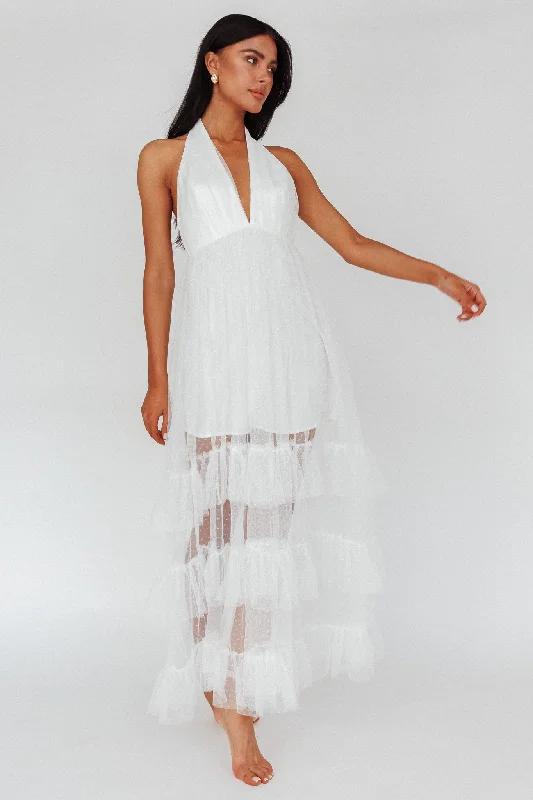 Moonlight Sonata Ruffle Mesh Maxi Dress Hail Spot White