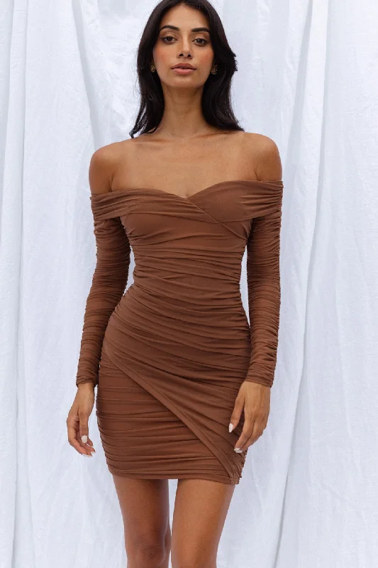 Moonrise Off-Shoulder Crossover Neckline Long Sleeve Ruched Dress Chocolate