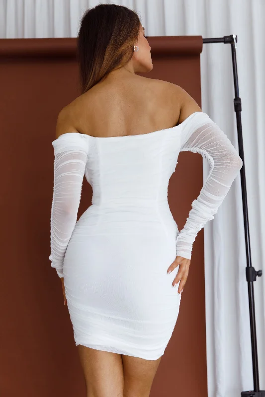 Moonrise Off-Shoulder Long Sleeve Ruched Dress White