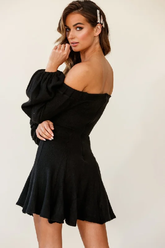 Morais Puff Sleeve Off the Shoulder Fit and Flare Sweater Dress Black