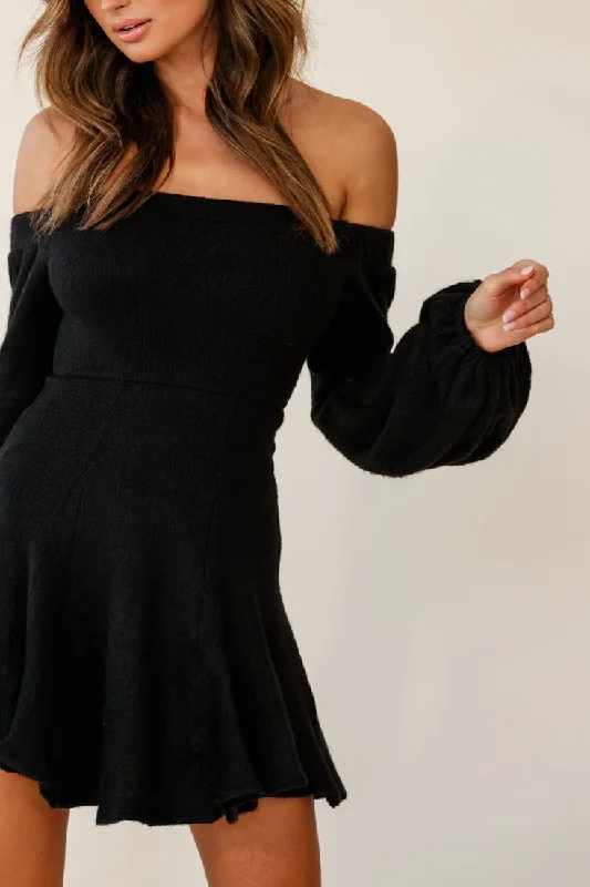 Morais Puff Sleeve Off the Shoulder Fit and Flare Sweater Dress Black