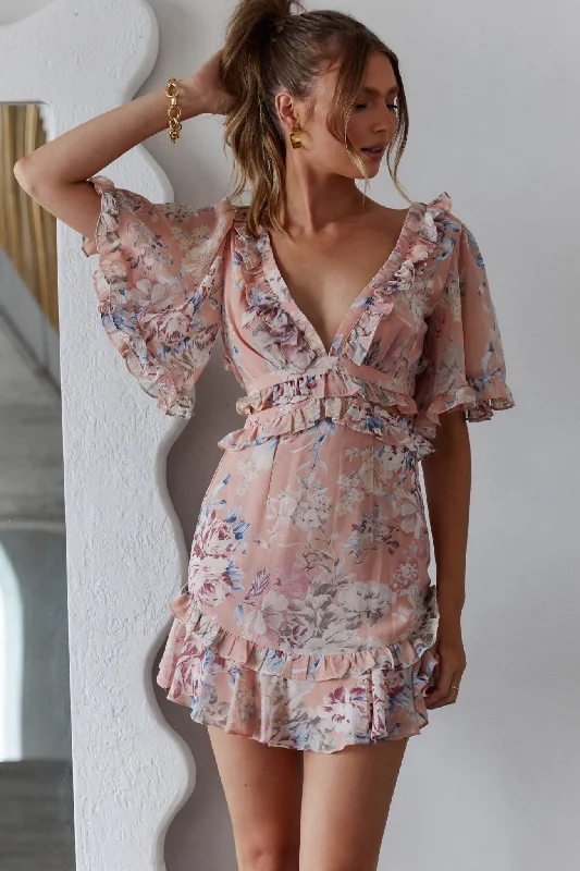 My Belle Cut-Out Detail Frill Accent Dress Vintage Floral Print Peach