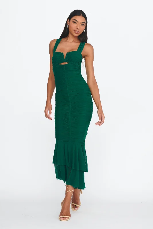 Nadia Ruched Fishtail Maxi Dress Green