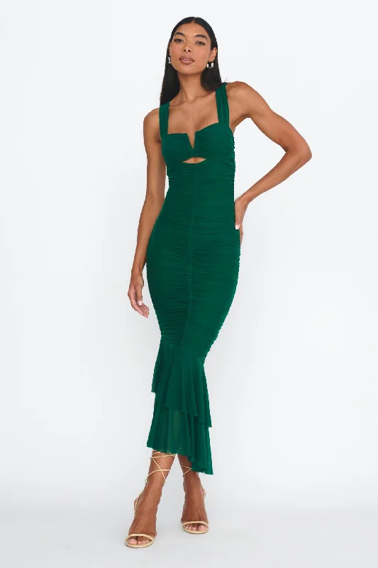 Nadia Ruched Fishtail Maxi Dress Green