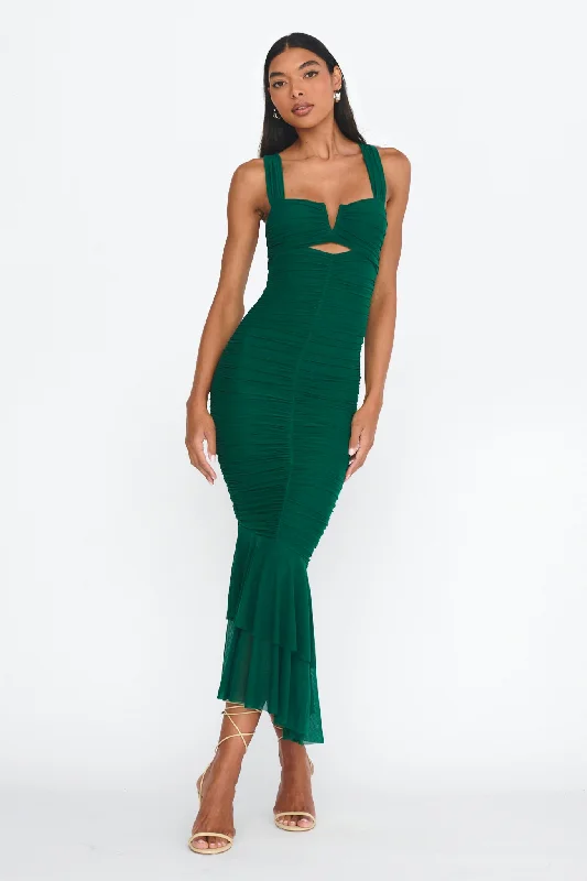 Nadia Ruched Fishtail Maxi Dress Green