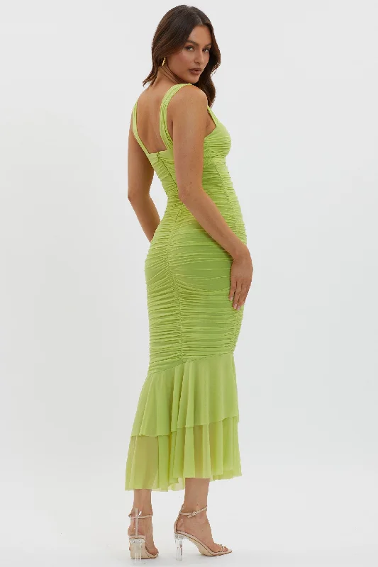 Nadia Ruched Fishtail Maxi Dress Lime