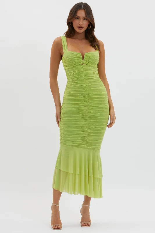 Nadia Ruched Fishtail Maxi Dress Lime