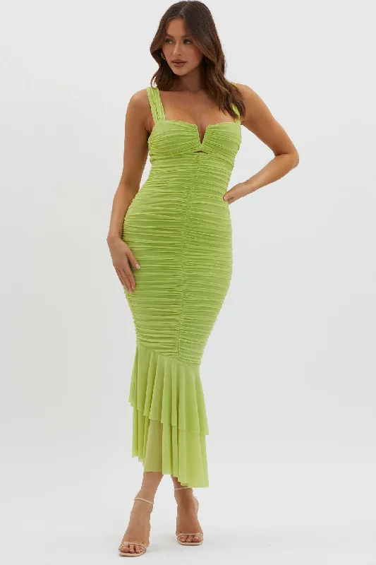 Nadia Ruched Fishtail Maxi Dress Lime