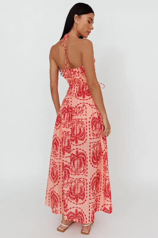 Natasia Halterneck Maxi Dress Palm Print Red