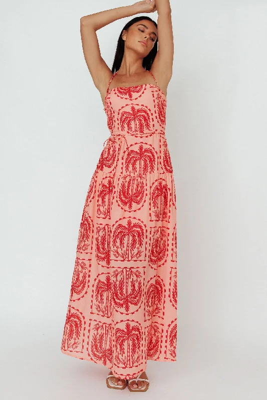 Natasia Halterneck Maxi Dress Palm Print Red