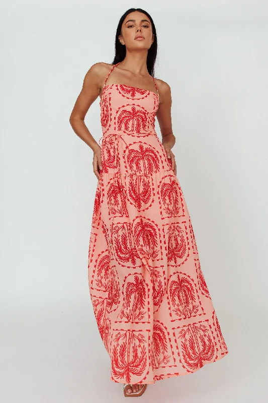 Natasia Halterneck Maxi Dress Palm Print Red