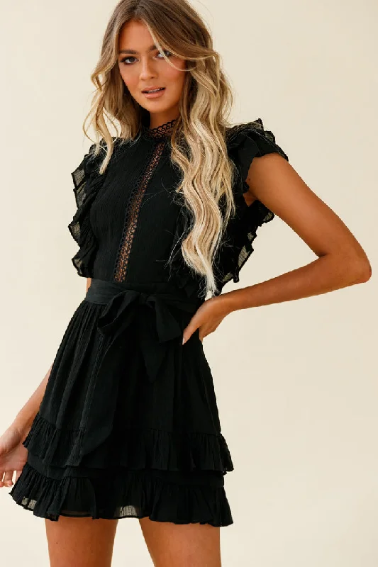 Oakland High Neck Ruffle Detail Dress Black