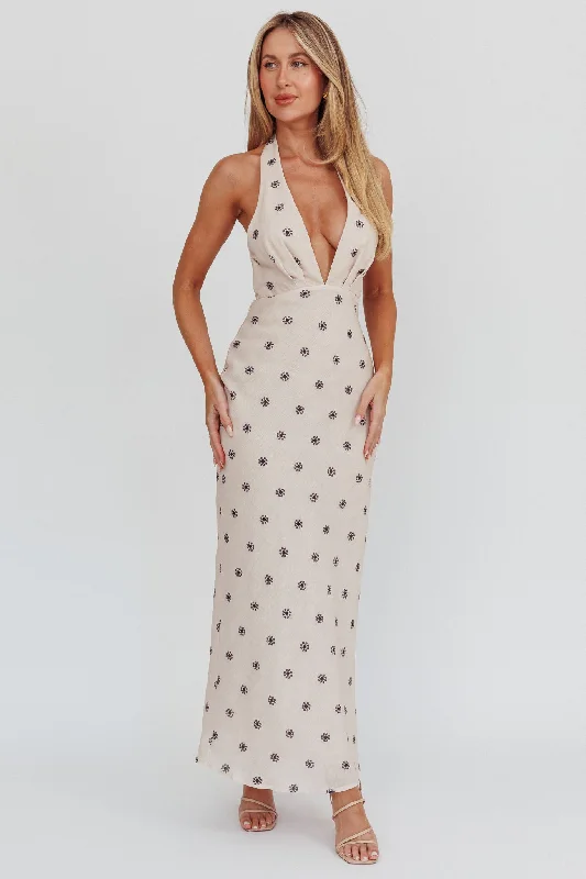 Of Your Dreams Plunging Halter Dress Oat