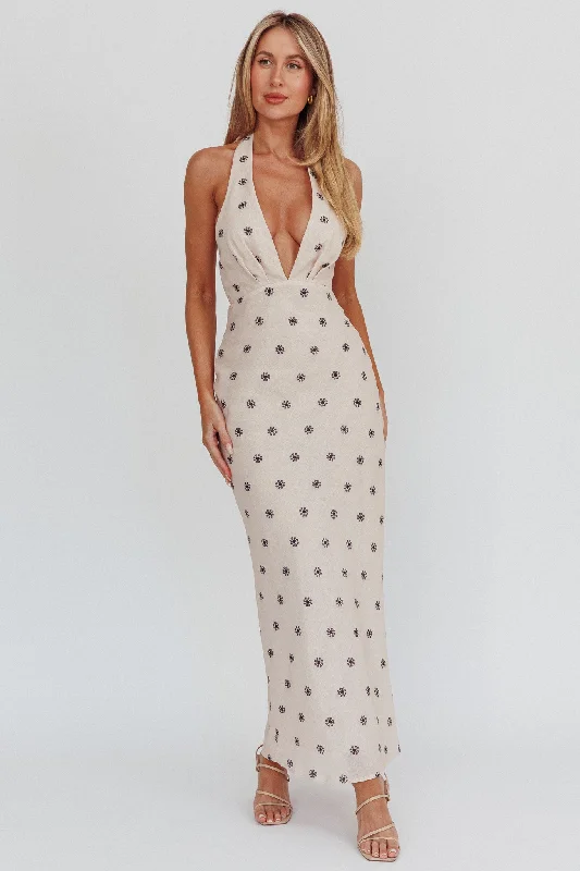 Of Your Dreams Plunging Halter Dress Oat