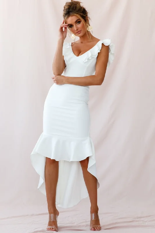 Pearl Ruffle Strap High-Low Hem Dress White