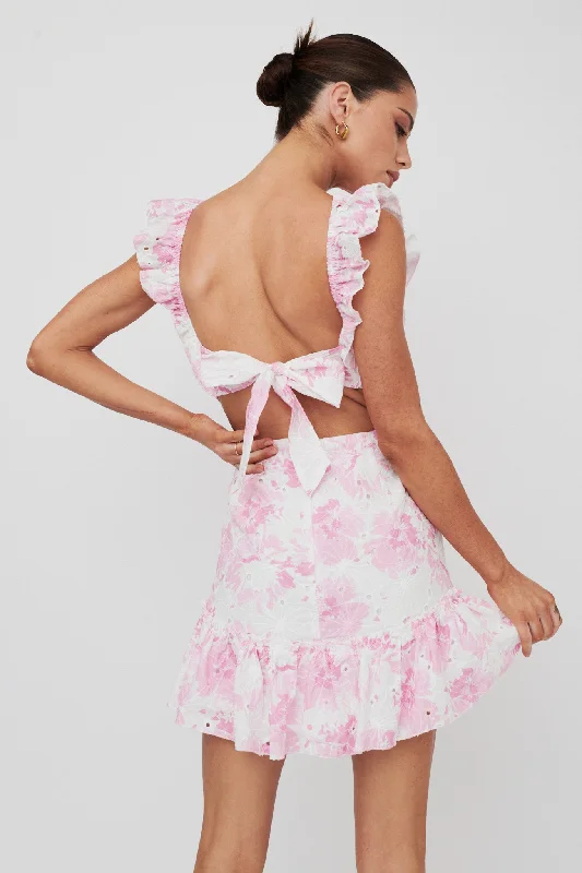 Porcia Tied Back Frill Dress Floral Pink