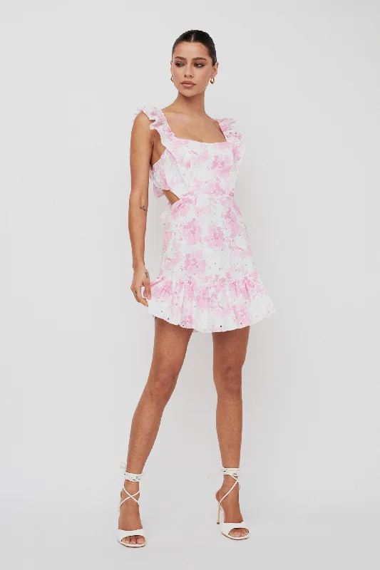 Porcia Tied Back Frill Dress Floral Pink