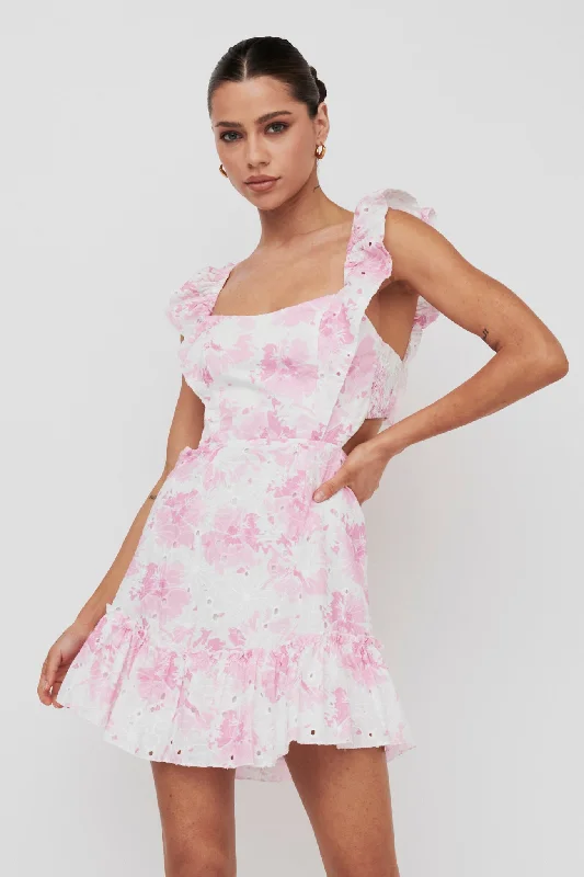 Porcia Tied Back Frill Dress Floral Pink