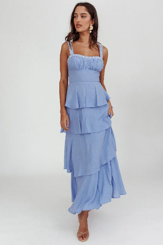 Provence Bloom Tiered Ruffle Maxi Dress Blue