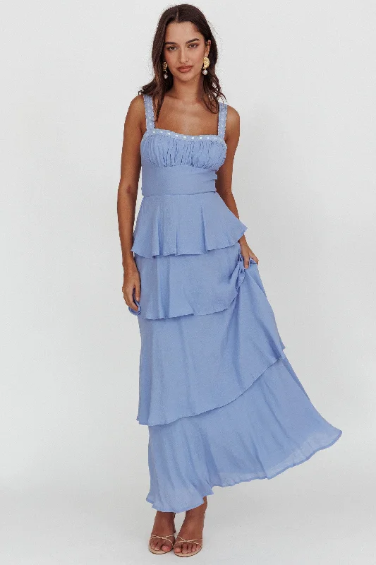 Provence Bloom Tiered Ruffle Maxi Dress Blue