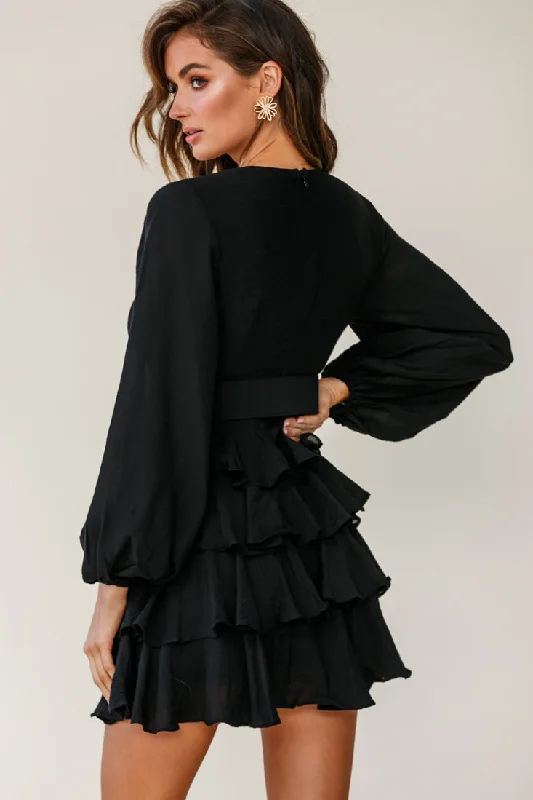 Queensland Balloon Sleeve Tiered Frill Belt Dress Black