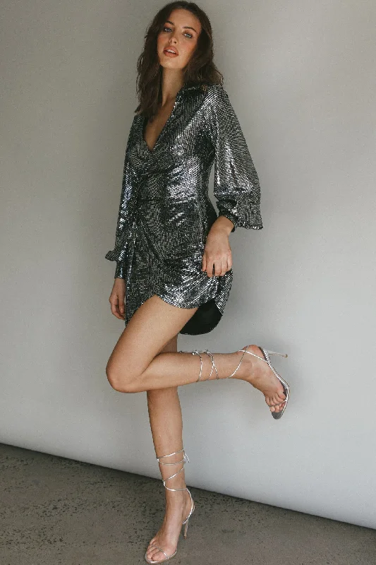 Ruma Faux Wrap Shirt Dress Sequin Metal