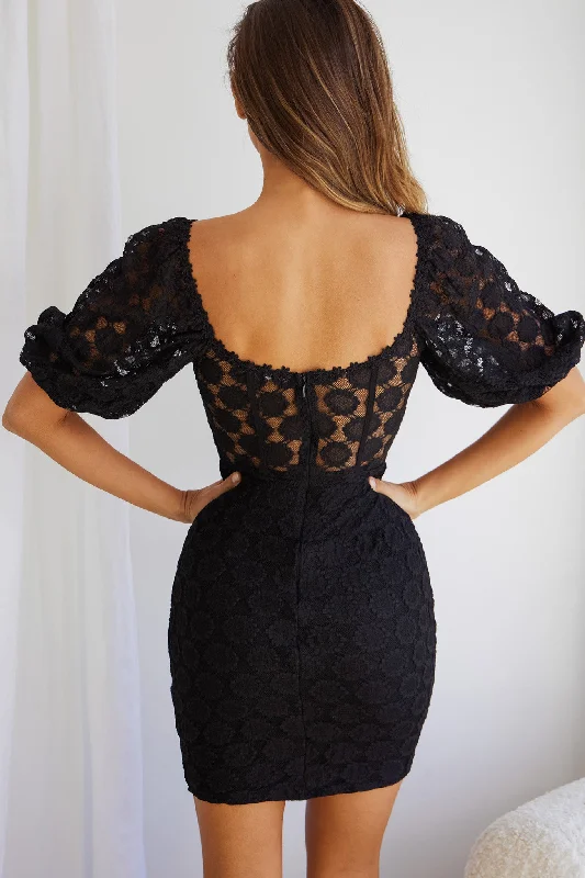 Secret Crush Puff Sleeve Floral Lace Bodycon Dress Black