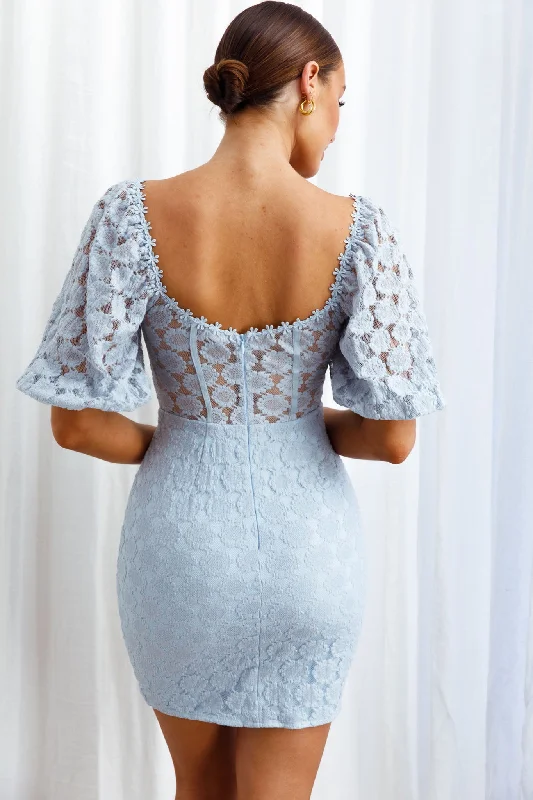 Secret Crush Puff Sleeve Floral Lace Bodycon Dress Blue