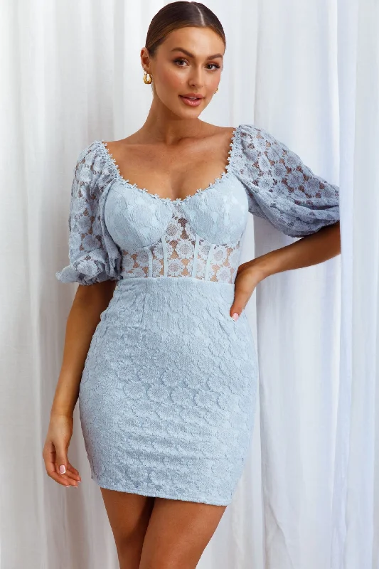 Secret Crush Puff Sleeve Floral Lace Bodycon Dress Blue