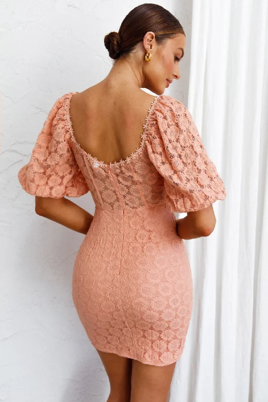 Secret Crush Puff Sleeve Floral Lace Bodycon Dress Peach