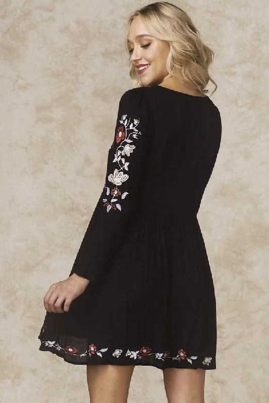 Selena Embroidered Floral Dress Black