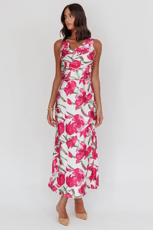 Serenitie Cowl Neck Waist Tie Maxi Dress Floral Pink