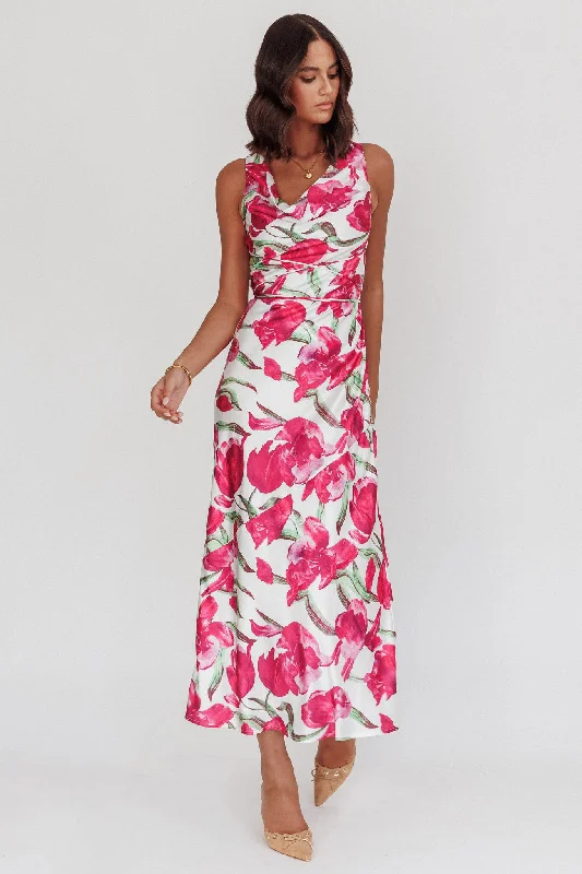 Serenitie Cowl Neck Waist Tie Maxi Dress Floral Pink