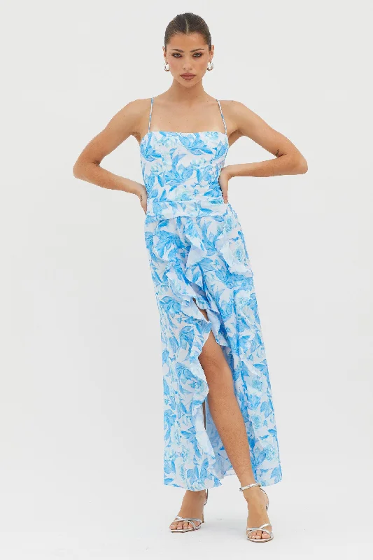 Serif Ruffle Trim Split Maxi Dress Blue