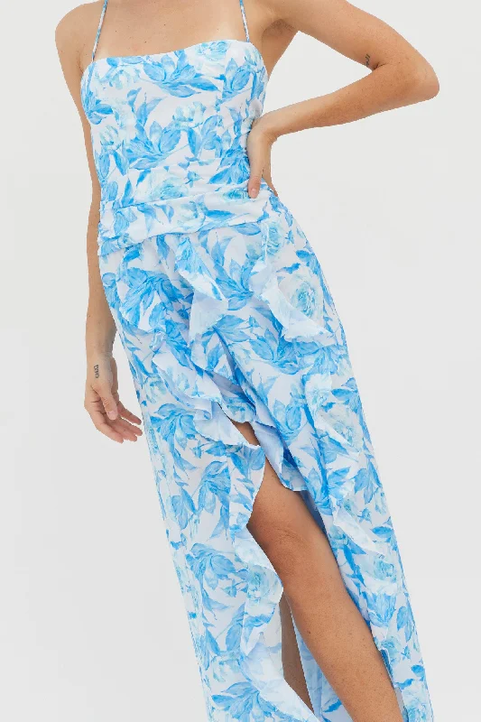 Serif Ruffle Trim Split Maxi Dress Blue