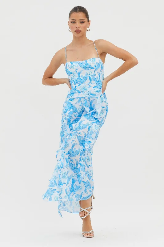 Serif Ruffle Trim Split Maxi Dress Blue