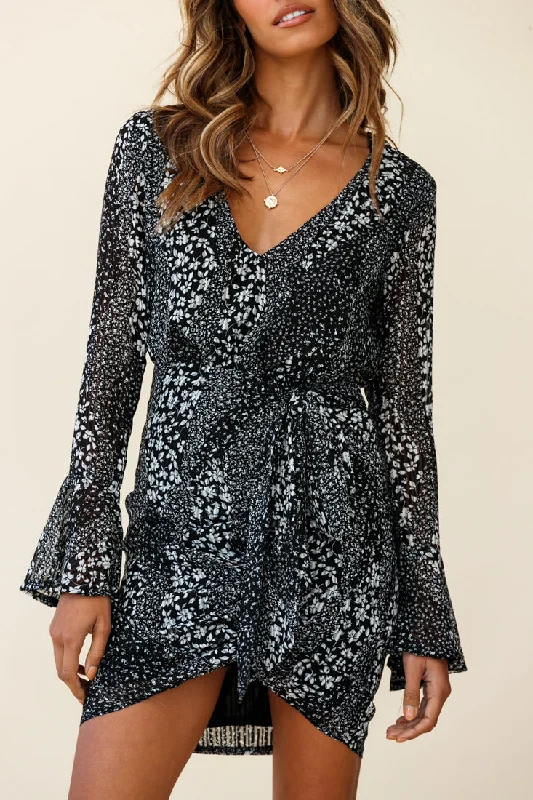 Simona Long Sleeve Wrap Style Dress Floral Print Black