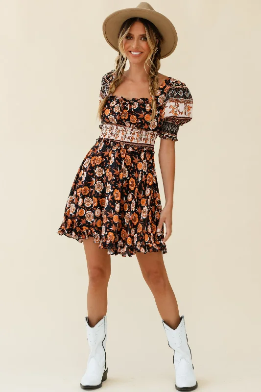 Summer In Paris Puff Sleeve Open Back Dress Floral Print Black Multi