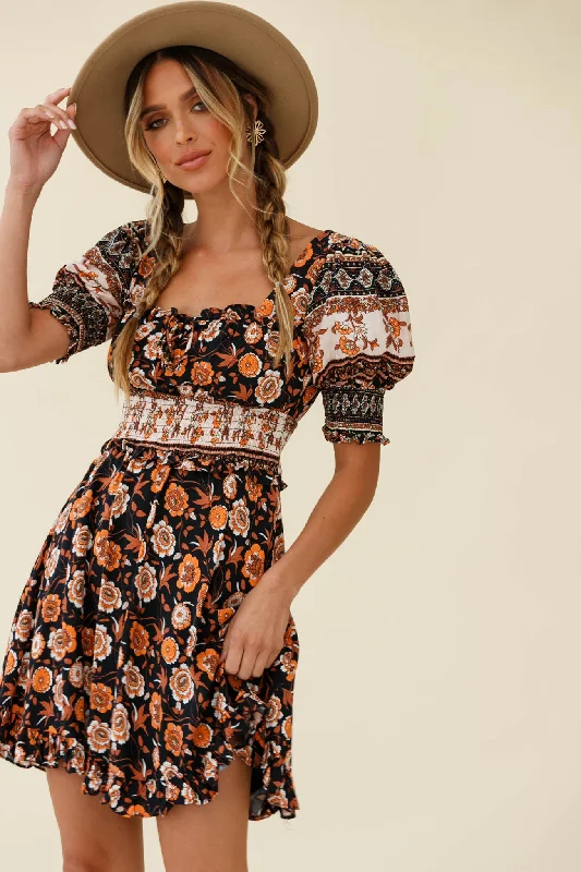 Summer In Paris Puff Sleeve Open Back Dress Floral Print Black Multi