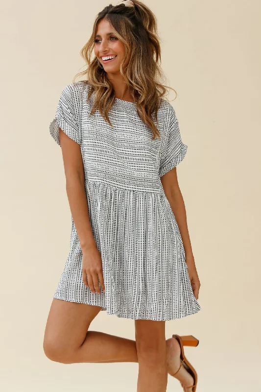 Susie Rolled Sleeve Crew Neck Swing Dress Stripe Pattern Black