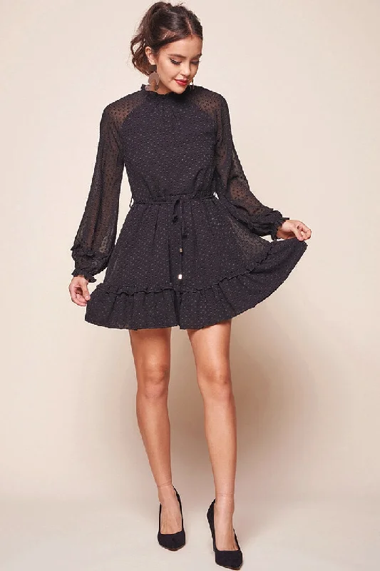 Tracee Open Black Ruffled Hemline Dress Black